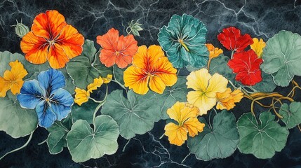 Wall Mural - Detailed botanical watercolor illustration on dark background