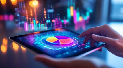 Aufkleber - A close-up of hands holding a tablet showing a 3D pie chart, with graphs and analytics in the background, illustrating financial data.