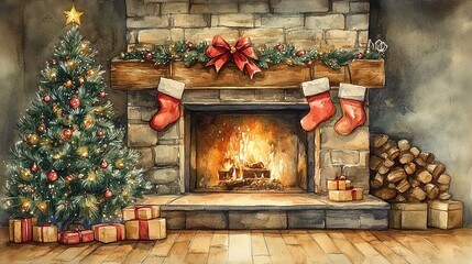 Cozy fireplace, stockings hung, Christmas tree sparkling, watercolor style