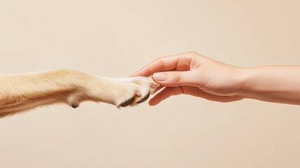 a dog's paw meeting a human hand in a high-five gesture with the dog's paw pads pressing against the human palm in a moment of excitement and bonding against an isolated light ivory background