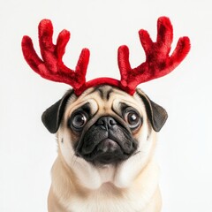 Canvas Print - Pug dog dog wearing a red deer antlers headband on head christmas costume cute.