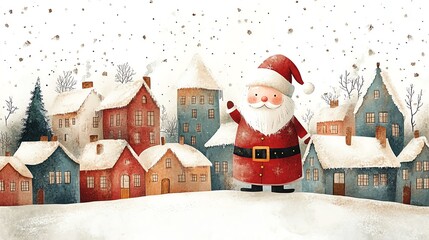 Santa in a snowy village, winter celebration, cozy atmosphere, handdrawn illustration, isolated on white background