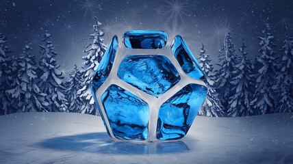 Abstract blue ice crystal in snowy forest, winter wonderland, magical and serene. 
