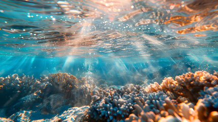 Wall Mural - Sunlight Through the Ocean: Underwater Coral Reef