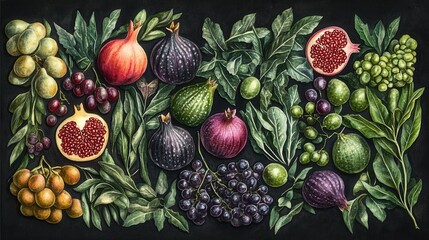 Wall Mural - Detailed exotic fruits watercolor illustration on dark background