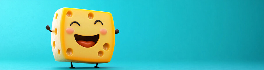 On a blue isolated background, a cheerful animated cheese character with eyes and a smile. The concept of proper, healthy and fun eating. Banner, place for text