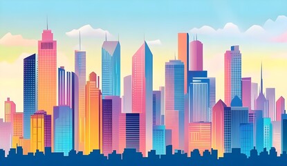 Colorful Cartoon City Skyline with Skyscrapers