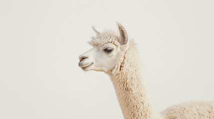 an alpaca with soft, curly fur and a long neck against an isolated light ivory background, the soft light casts gentle shadows on the alpaca, creating intricate patterns