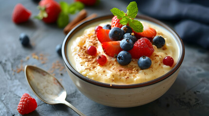 Canvas Print - Creamy Rice Pudding with Fresh Berries: A Delicious Dessert