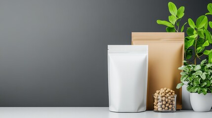 A minimalist display featuring plant life alongside packaging, showcasing a white pouch and a brown bag, emphasizing natural products and organic aesthetics.