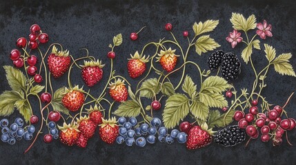 Wall Mural - Detailed watercolor illustration of berries on dark background