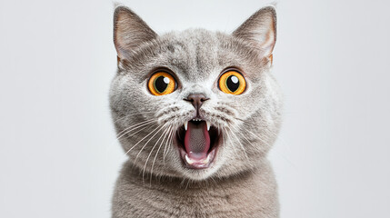 Angry and surprised cat isolated on transparent png background with a funny and excited expression.