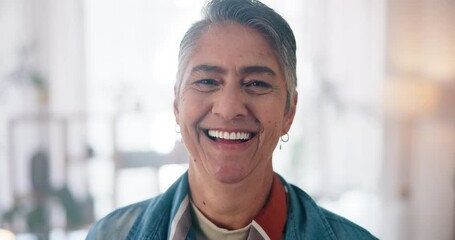 Wall Mural - Happy, face and senior woman in home with excitement for retirement fund payout with finance. Smile, relax and portrait of elderly female person from Cuba with positive attitude for pension income.