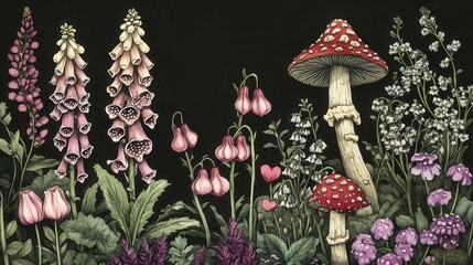 Wall Mural - Detailed botanical illustration with plants and mushrooms