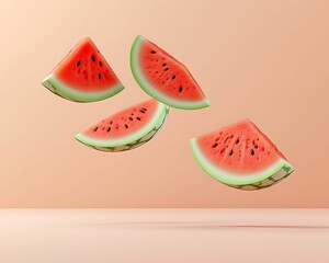 Floating watermelon slices against a peach background, showcasing vibrant colors and freshness in a minimalist design.