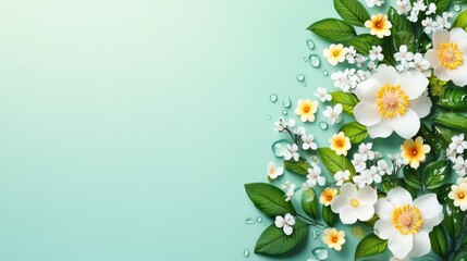 Wall Mural - A vibrant floral arrangement featuring white and yellow flowers with green leaves, set against a soft mint background, creating a fresh, tranquil atmosphere.