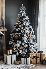 Poster - A beautifully decorated frosted Christmas tree with black and white ornaments stands in a cozy room, surrounded by neatly wrapped presents.