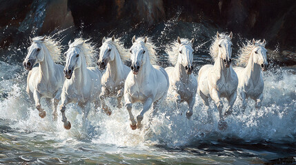 seven running white horses wall painting mountain morning view background. majestic and powerful sce
