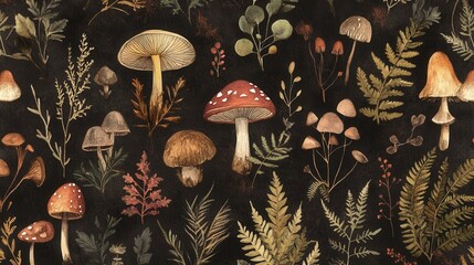 Wall Mural - Detailed botanical illustration with plants and mushrooms