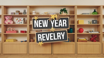 Black and white signs hanging on wooden shelves with festive decorations, New Year celebration concept. 
