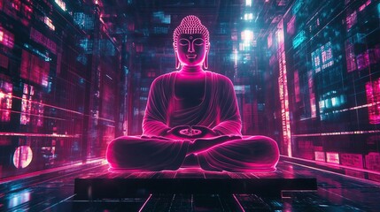 A neon Buddha statue amidst digital elements