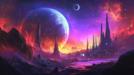 A vibrant cosmic landscape featuring a futuristic city and planets