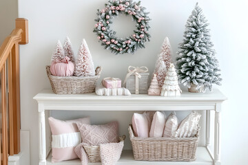 Poster - The entryway console table features pink and white Christmas decorations, a pastel wreath, and cozy baskets filled with pillows and blankets.