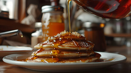 Sticker - Close-up of Delicious Pancakes Drizzled with Golden Syrup