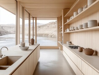 A kitchen with a sink, a stove, and a window. There are many plates on the shelves