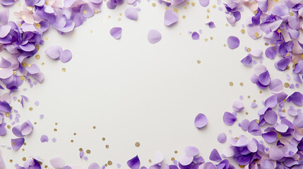 Wall Mural - lavender and champagne confetti: a soft yet elegant frame made from lavender and champagne-colored confetti, scattered around a light gray background