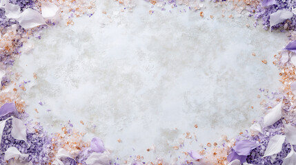 Wall Mural - lavender and champagne confetti: a soft yet elegant frame made from lavender and champagne-colored confetti, scattered around a light gray background