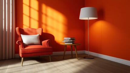 Wall Mural - A chair and a table in an orange room with bright walls, AI