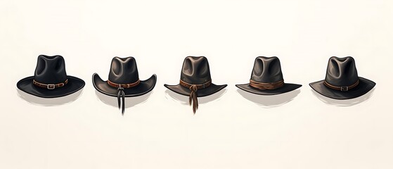 A series of five black hats with varying styles and accessories.