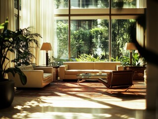 A living room with a couch, two chairs, and a coffee table. There are potted plants in the room, and a large window lets in sunlight