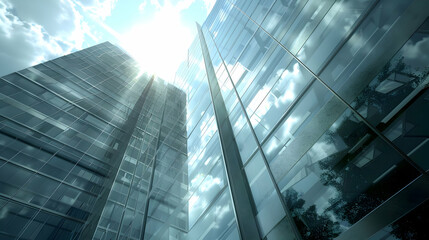 Sticker - Modern Skyscrapers with Glass Facade and Reflections of Clouds