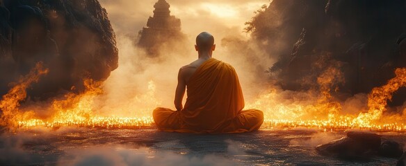 Wall Mural - a serene buddhist monk meditates in a misty mountain temple surrounded by incense smoke and flickering candles his face illuminated by soft golden light