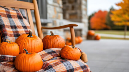 Poster - A group of pumpkins sitting on a plaid blanket outside, AI