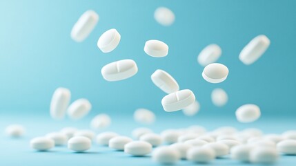 white tablets floating in the air against a blue background, capturing the essence of pharmaceutical