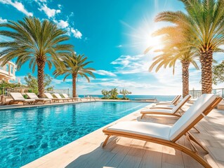 Wall Mural - Relaxation awaits on this luxurious cruise pool deck adorned with white lounge chairs and palm trees. The crystal-clear pool reflects the vibrant blue sky and sunlight, inviting leisure