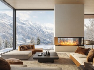 A living room with a fireplace and a view of mountains. There are two couches, one on the left and one on the right. A coffee table is in the middle of the room