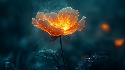 Wall Mural - A glowing flower with smoke in a dark forest.