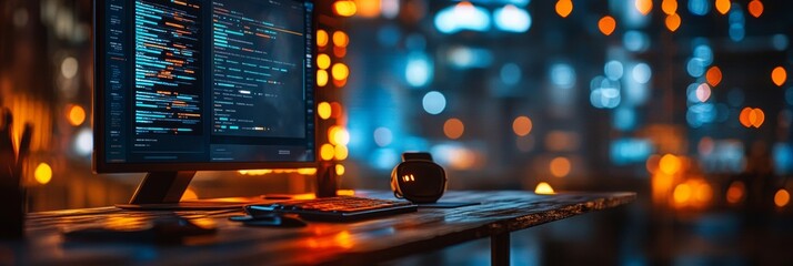 Modern website interface displayed on a screen, softly blurred background featuring subtle digital elements for a sleek aesthetic