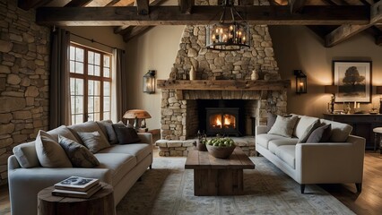 A cozy living room with a stone fireplace, two white sofas, a wooden coffee table, and a rug.