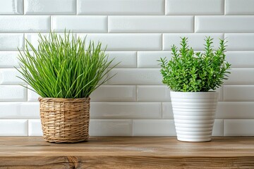 Two potted plants on a wooden surface with a white tiled wall background