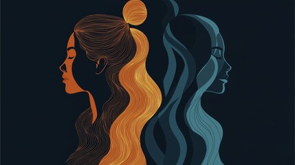 Woman Reflection Theme: Abstract illustration of two women in profile with contrasting colors and flowing hair lines.