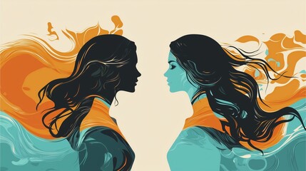 Woman Reflection Theme: Surreal abstract profile of two women in teal and orange with flowing hair and silhouette effect.