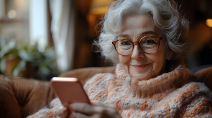 Elderly woman sitting on a cozy sofa, enjoying online entertainment on her phone, smiling warmly. The sunlit room creates a peaceful and happy environment.