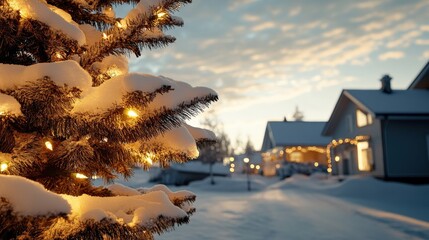 Wall Mural - A snowy outdoor scene with a beautifully decorated Christmas tree glowing in the evening light