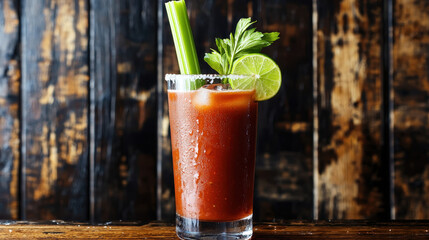 Refreshing cocktail in a tall glass garnished with celery, lime, and herbs served on a rustic wooden background