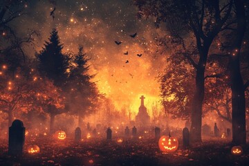 Sticker - Background with a starry Halloween night in graveyard decorations atmosphere halloween.